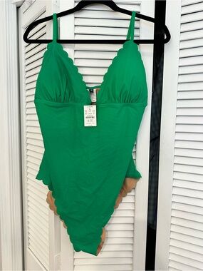 J Crew Green Scallop-Edge One-Piece Swimsuit